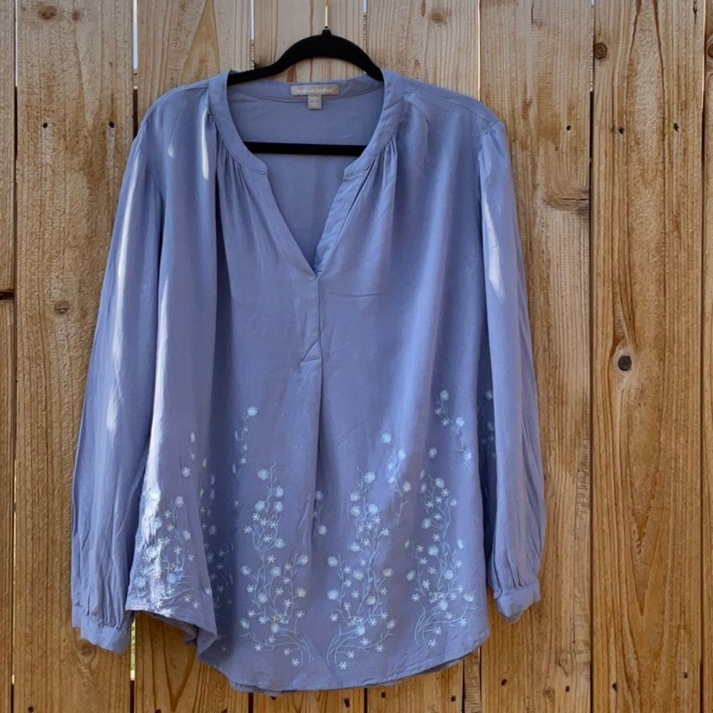 Light Blue Floral Embroidered V-Neck Women's Blouse